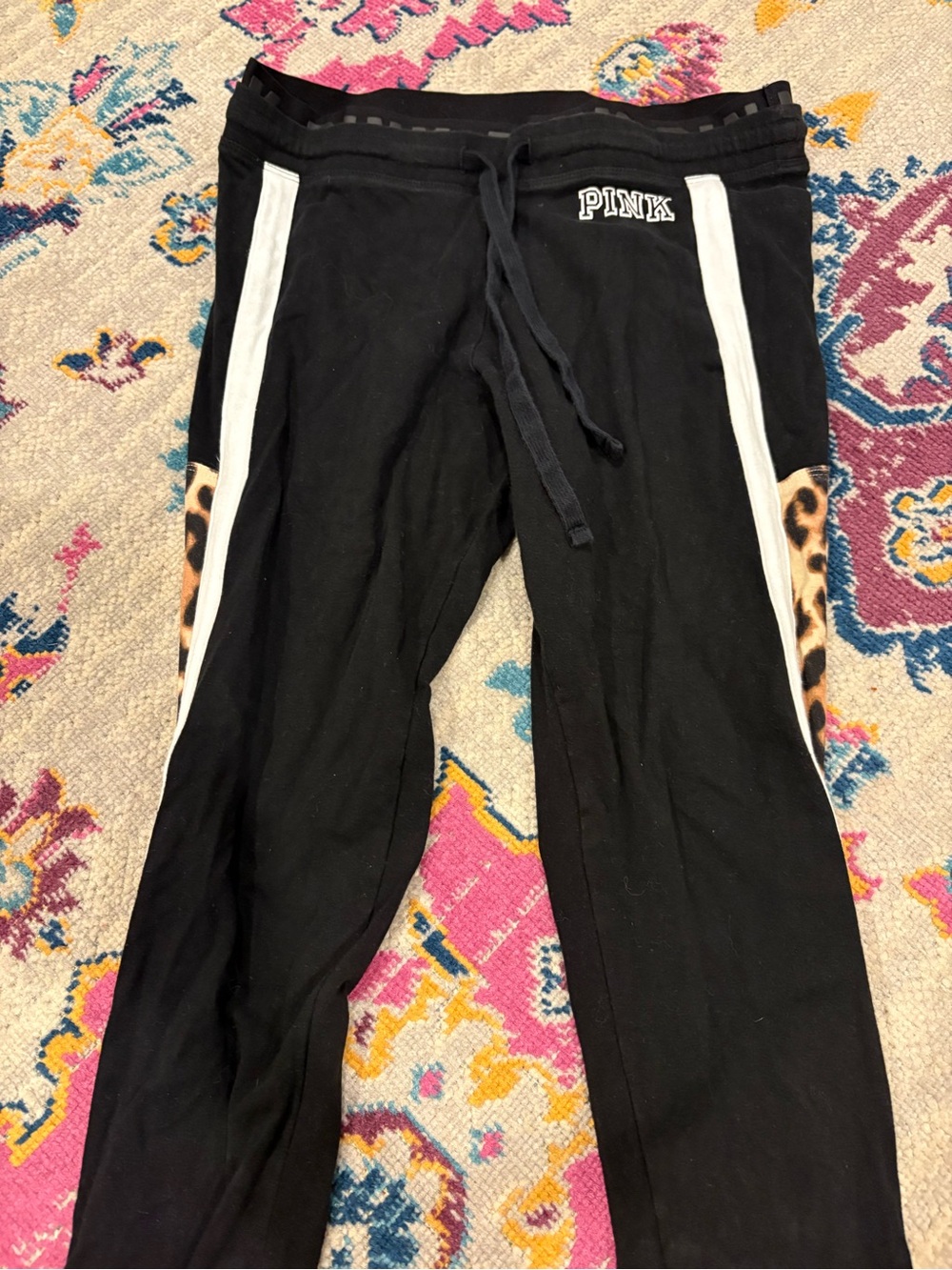 PINK Victoria's Secret Black Joggers with White Stripes and Leopard Panels